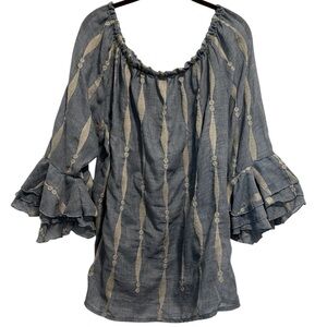 XL Kaktus Boho Top Chambray Blue and Cream Textured Fabric Ruffled Sleeves